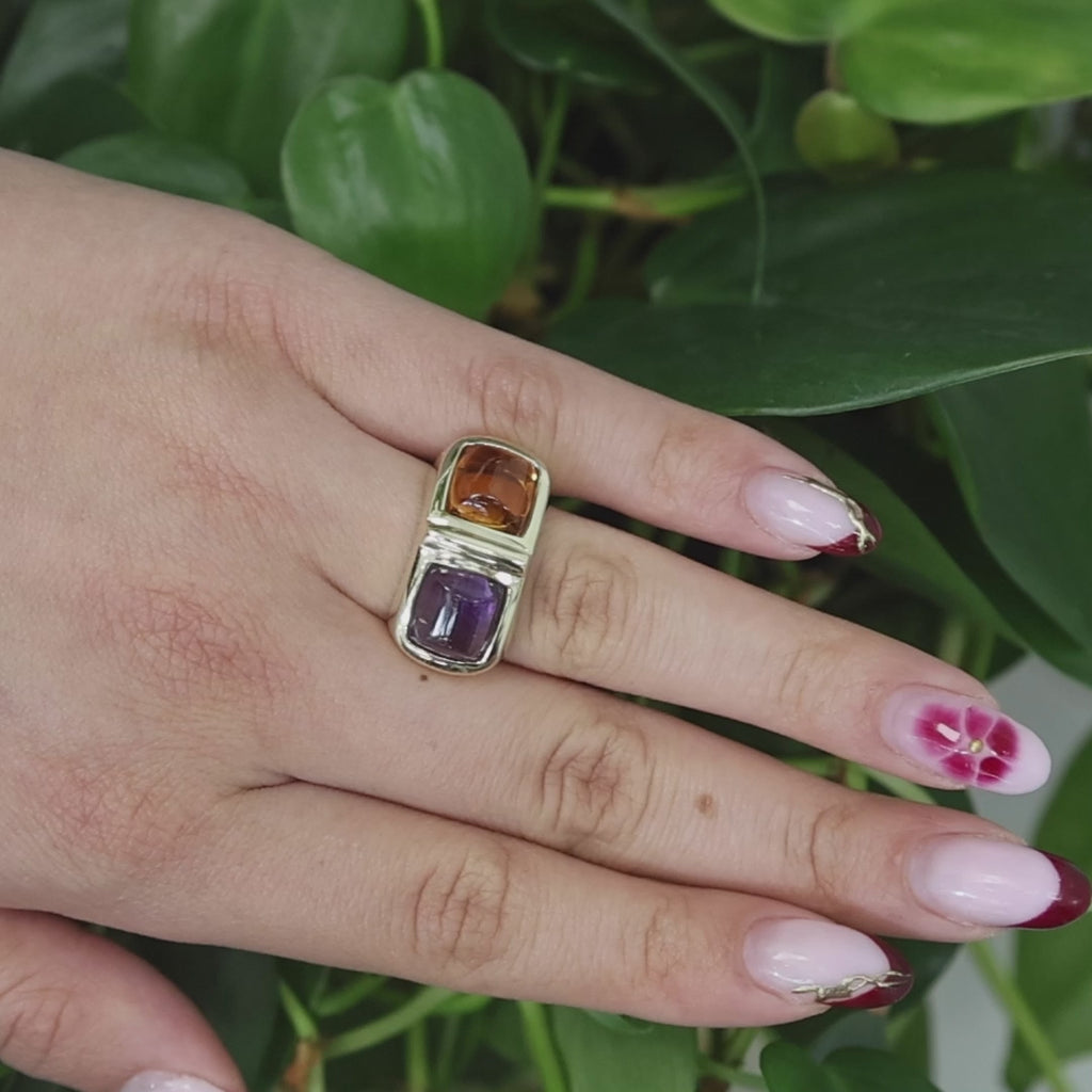 Cabochon Citrine Amethyst Statement Ring 14K Yellow Gold 6.95 CTW Size 6.75