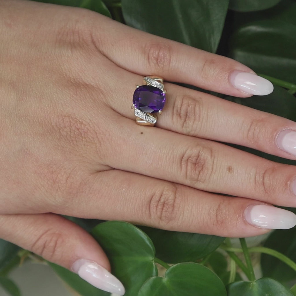Solitaire Amethyst Diamond Cocktail Ring 14K Yellow Gold 4.86 CTW Size 7 Estate