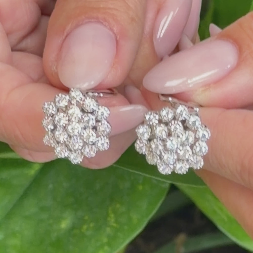 Natural Diamond Floral Cluster Earrings 14K White Gold 1.00 CTW Omega Backs
