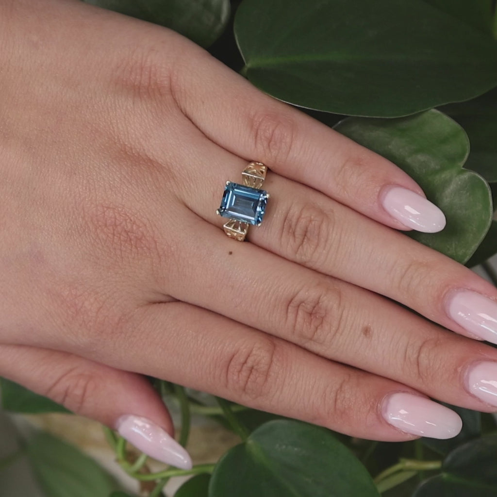 4.26 CT Blue Topaz Solitaire Ring 10K Yellow Gold Emerald Cut Size 5.75 Ladies
