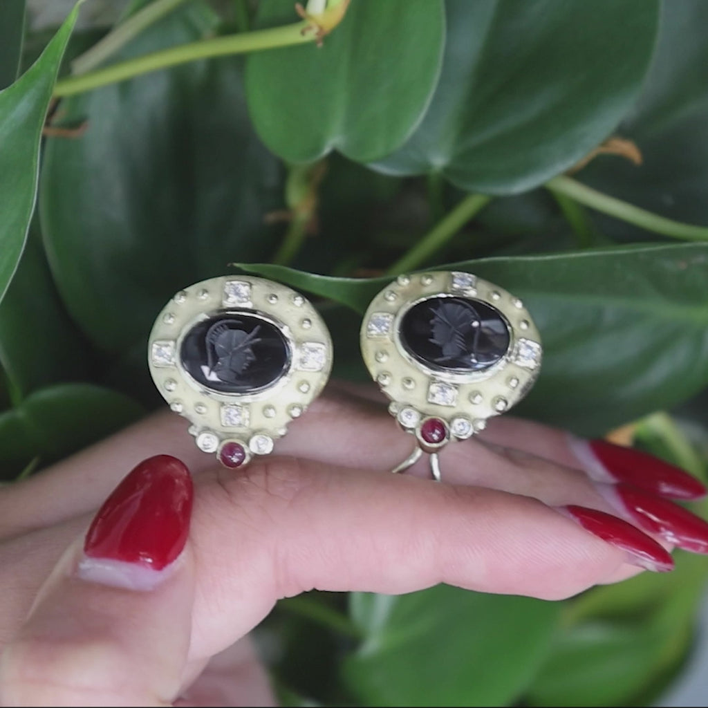 Intaglio Black Onyx Ruby Diamond Earrings Clip On 14K Yellow Gold 0.90" Ladies