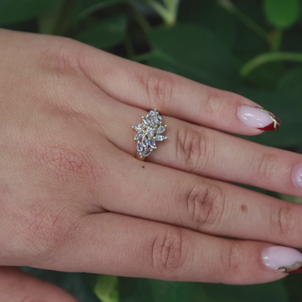 Tanzanite Floral Cocktail Ring 14K Yellow Gold 0.70 CTW Size 6.25 Ladies Estate
