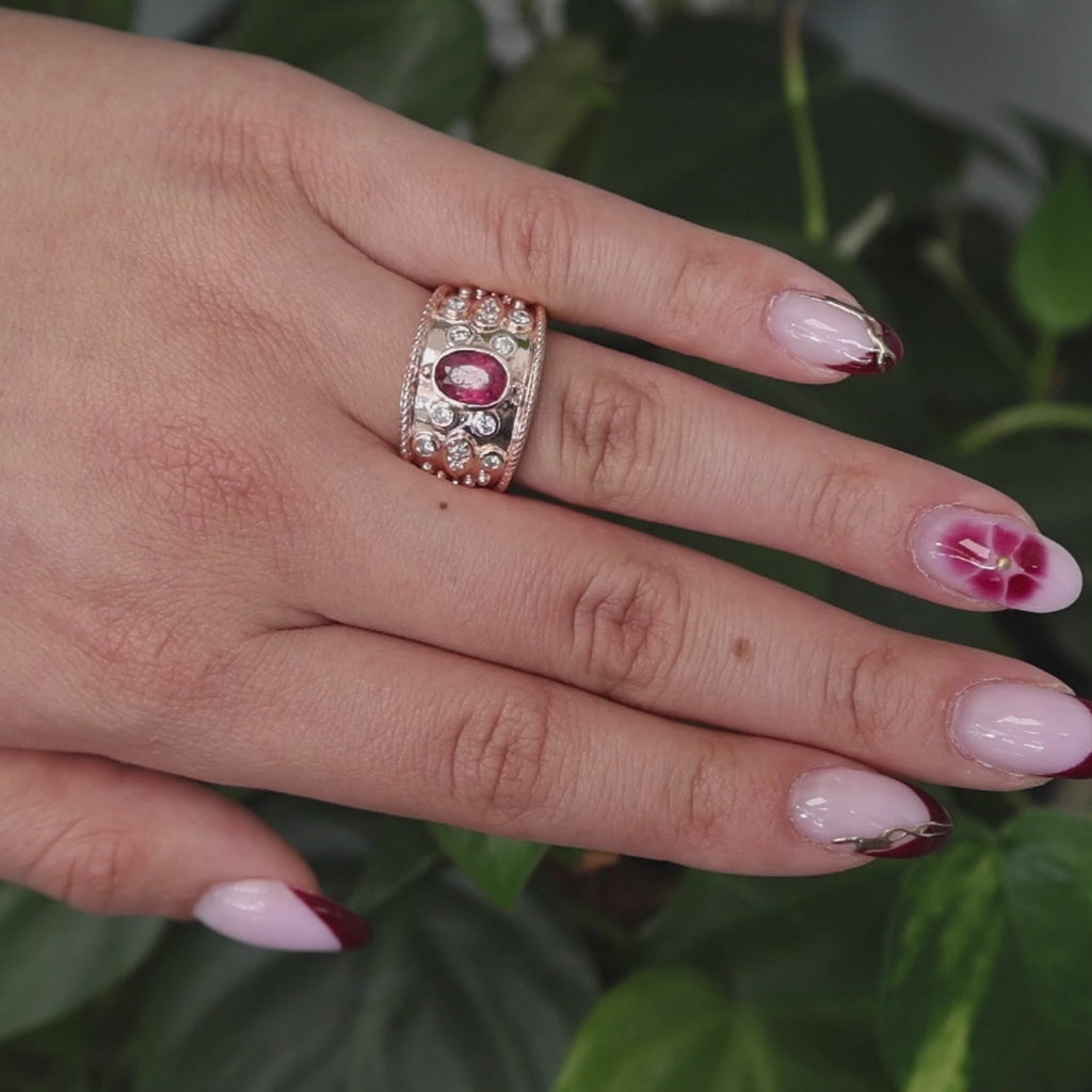 Pink Tourmaline Diamond Wide Band Ring 14K Rose Gold 1.65 CTW Size 7.25 Estate
