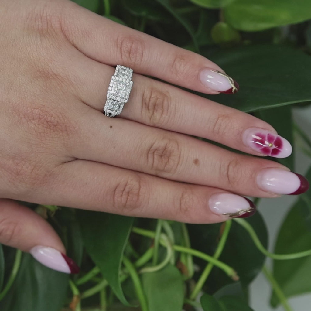 1.40 TW Princess Round Diamond Halo Engagement Ring 14K White Gold Size 5.5