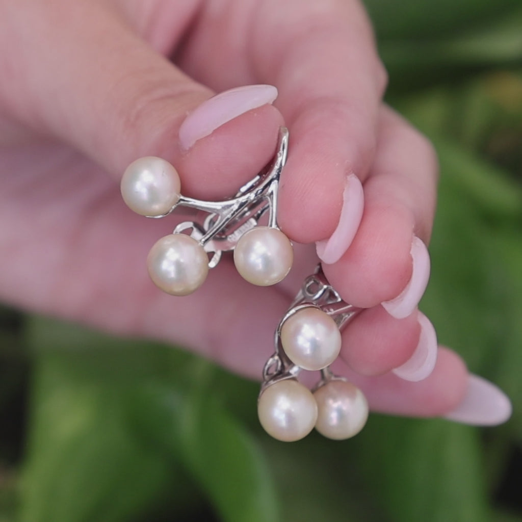Vintage Akoya Cultured Pearl Spray Clip On Earrings 14K White Gold Omega Backs