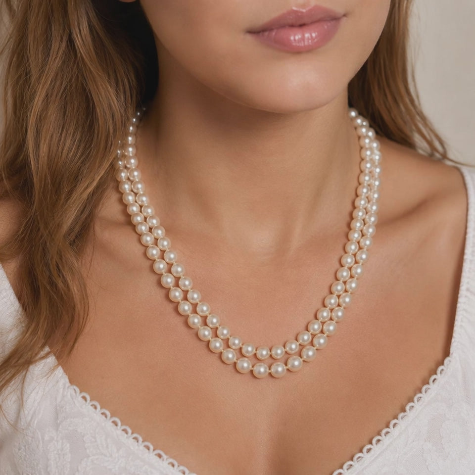 Akoya Cultured Pearl Double Strand Necklace 14K White Gold Filigree Clasp 17.25"