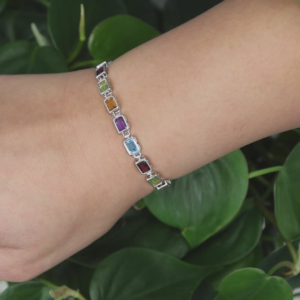 5.25 CTW Multi Color Gemstone Bracelet 14K White Gold Emerald Cut Gems 6.25"