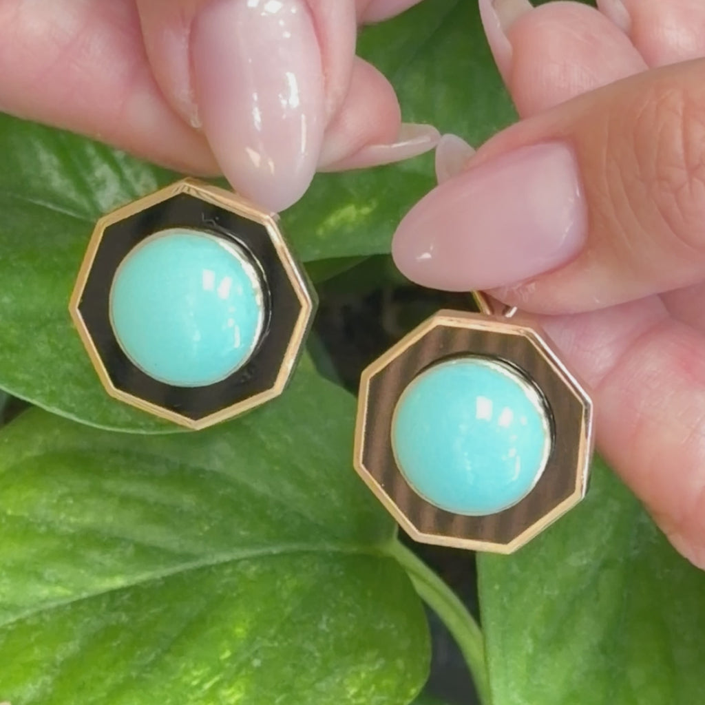 Vintage Turquoise Black Onyx Clip Earrings 14K Yellow Gold 22.5mm B.D.