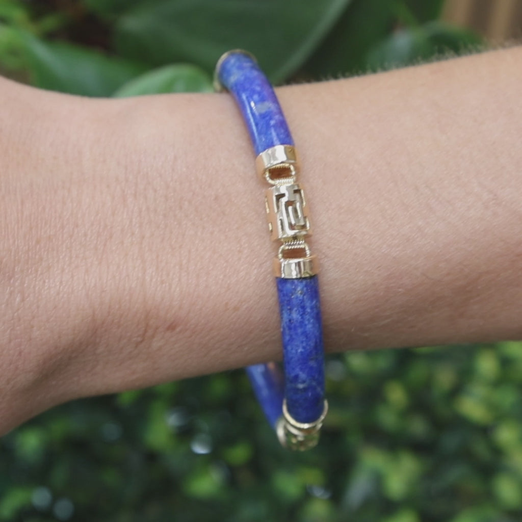 Vintage Lapis Lazuli Greek Key Bracelet 14K Yellow Gold 7" Estate