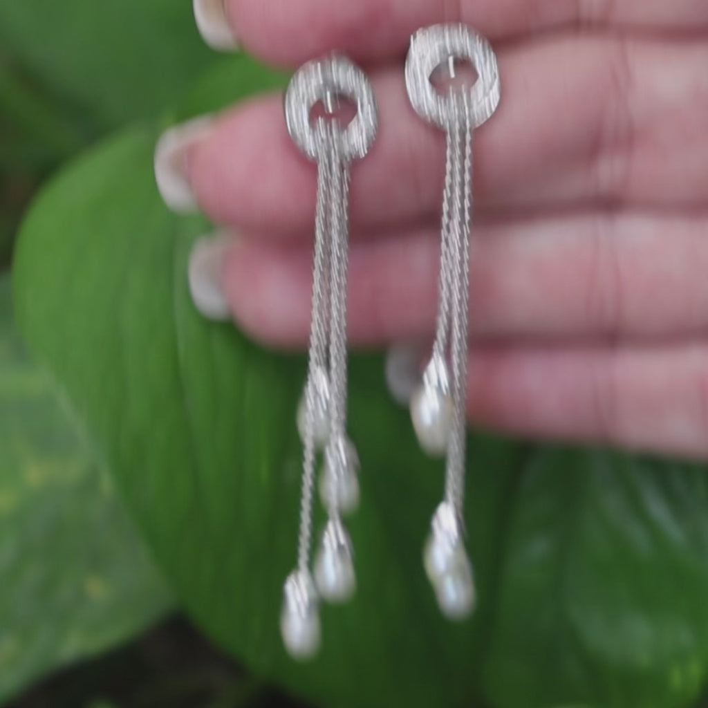 14K White Gold Diamond Circle Freshwater Pearl Multi-Strand Dangle Earrings