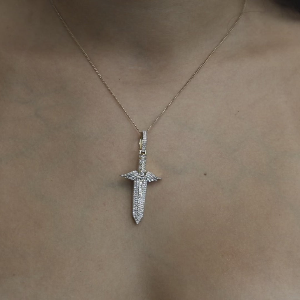 Cluster Diamond Angel Wing Dagger Pendant 1.50 TW 14K Yellow Gold 2.10" Unisex