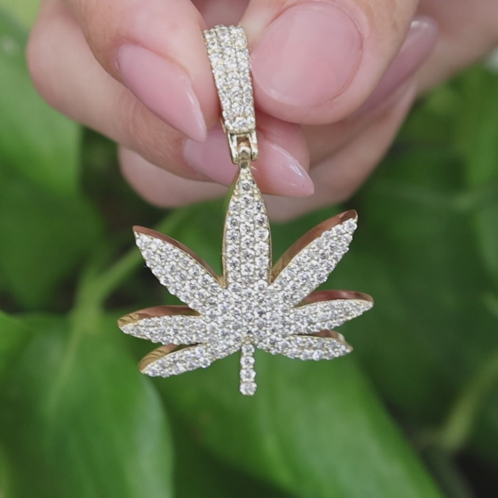 3.00 CTW Natural Diamond Cannabis Marijuana Leaf Pendant 10K Yellow Gold 12.3g