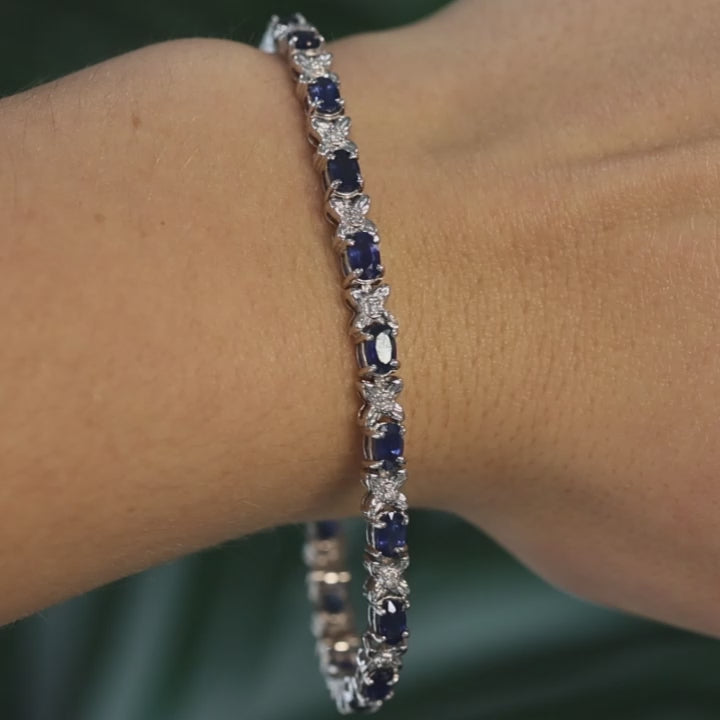 Sapphire Diamond Floral Station Bracelet White Gold 7.35 CTW 7.25" Ladies