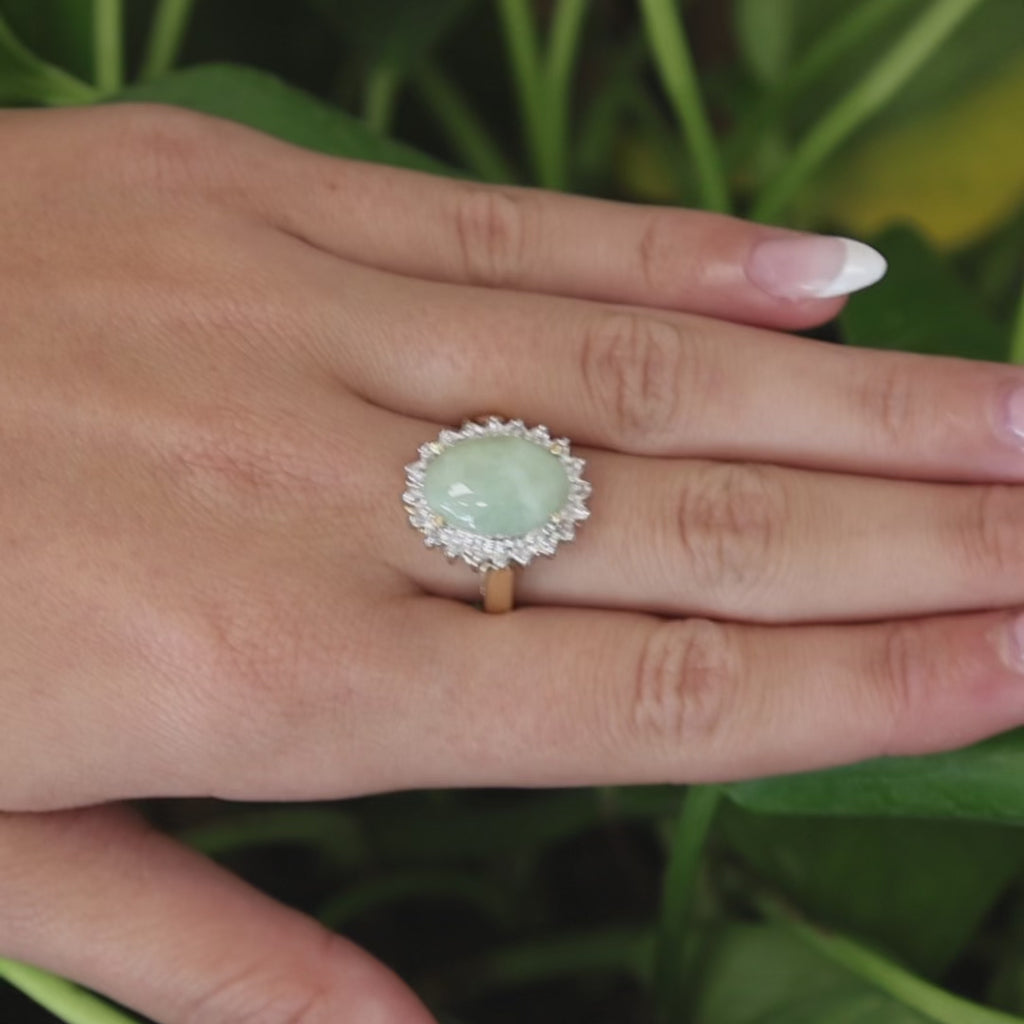 14K Two Tone Gold Jadeite Jade Diamond Ring Oval Cabochon Halo Setting Size 7