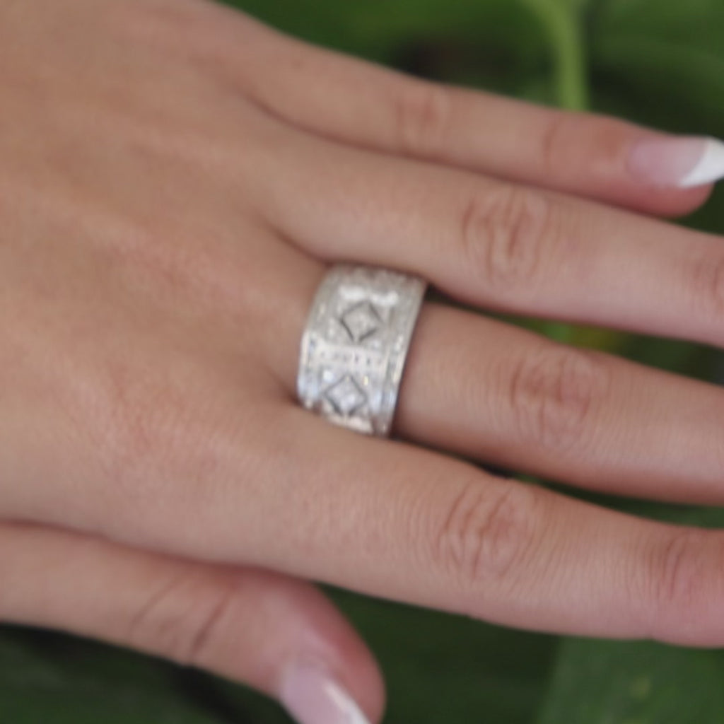 14K White Gold Diamond Filigree Wide Band Ring 0.85 CTW Size 9.5 Ladies Estate