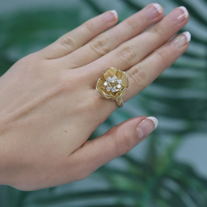 Diamond Flower Petal Ring 0.75 TW 18K Yellow Gold Adjustable Petals Size 7