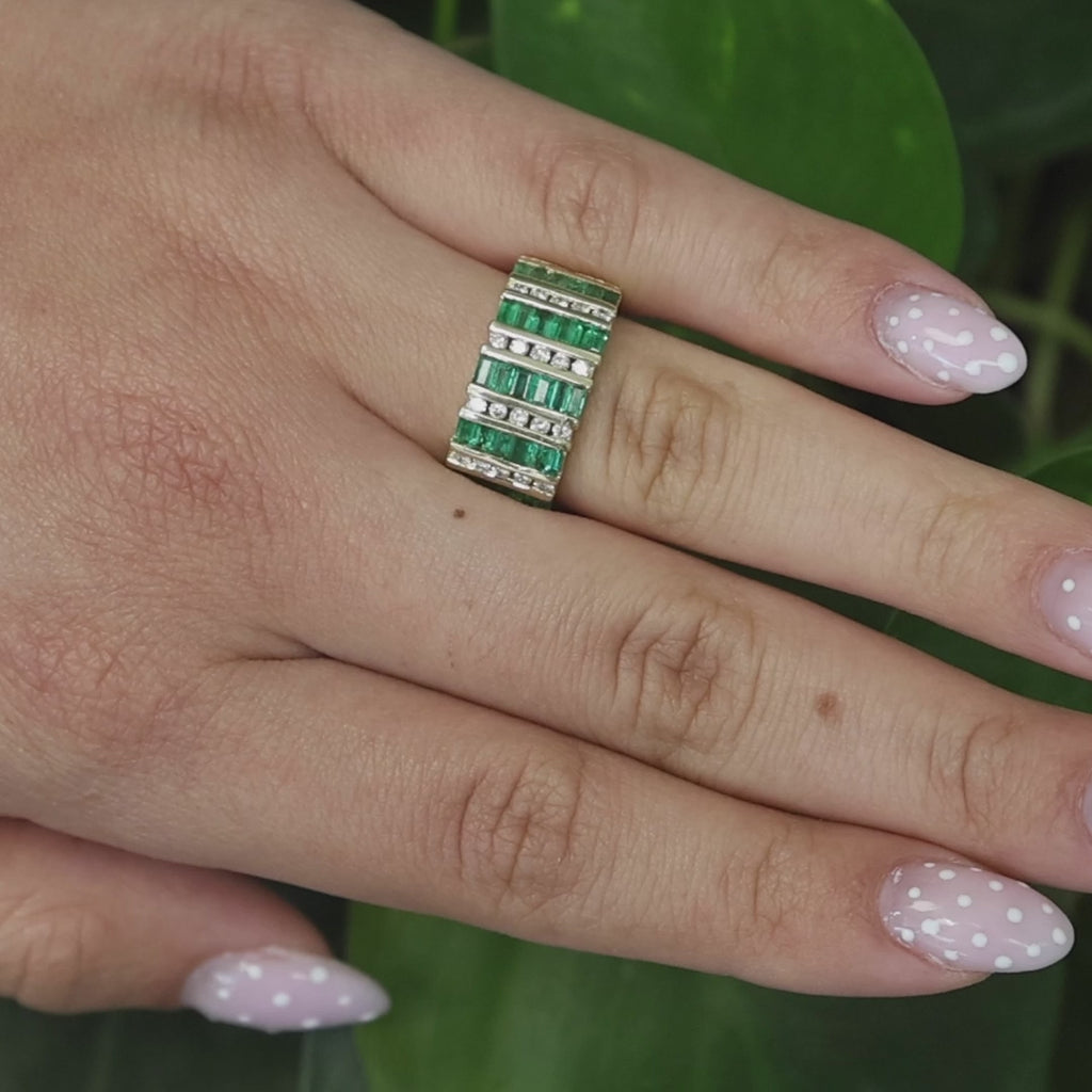 Emerald Diamond Bar Wide Band Ring 14K Yellow Gold 1.40 CTW Channel Set Size 7.5