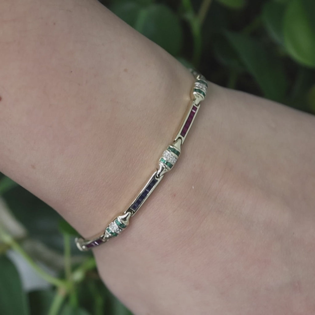 Sapphire Ruby Emerald Diamond Station Bracelet 14K Yellow Gold 1.74 CTW 7.25"