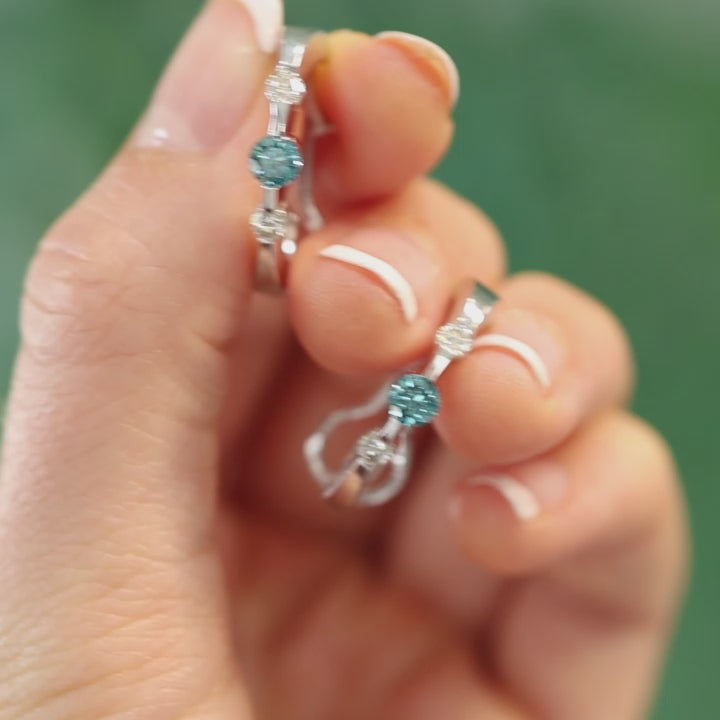 Blue White Diamond J Hoop Earrings White Gold 0.97 TW Omega Backs 0.65"