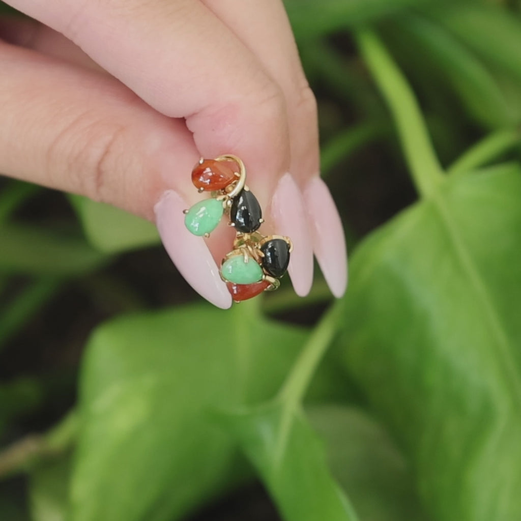 14K Gold Multi Color Jadeite Pear Stud Earrings Green Black Orange Estate