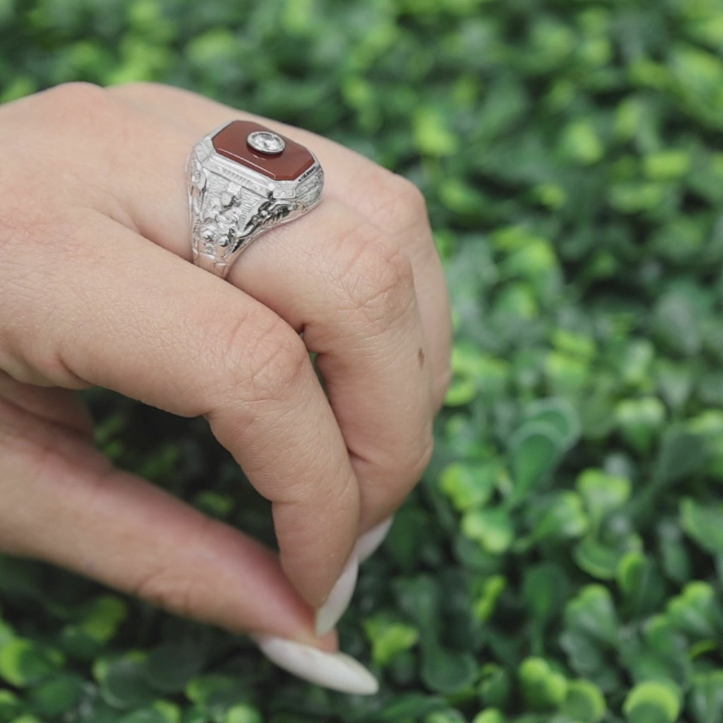 Men's Solitaire Carnelian Signet Ring Cubic Zirconia Accent White Gold Size 7.75