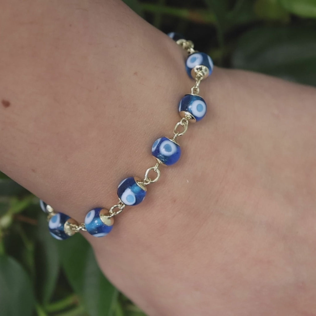 14K Yellow Gold Evil Eye Glass Beaded Bracelet 7" Estate