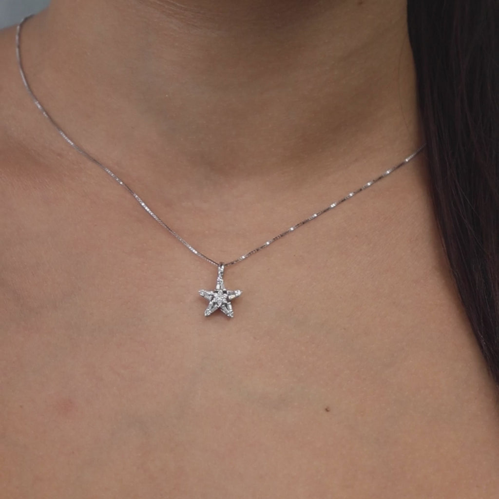 Diamond Star Pendant Charm 14K White Gold Round Baguette Diamonds 0.33 TW 0.47"