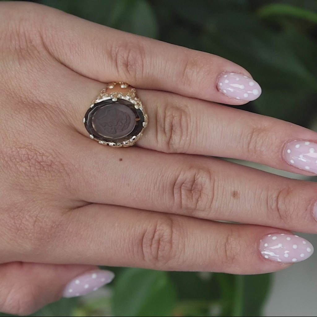 Vintage Carved Smoky Quartz Cameo Ring 14K Yellow Gold 12.10 CT Size 6.25 Estate