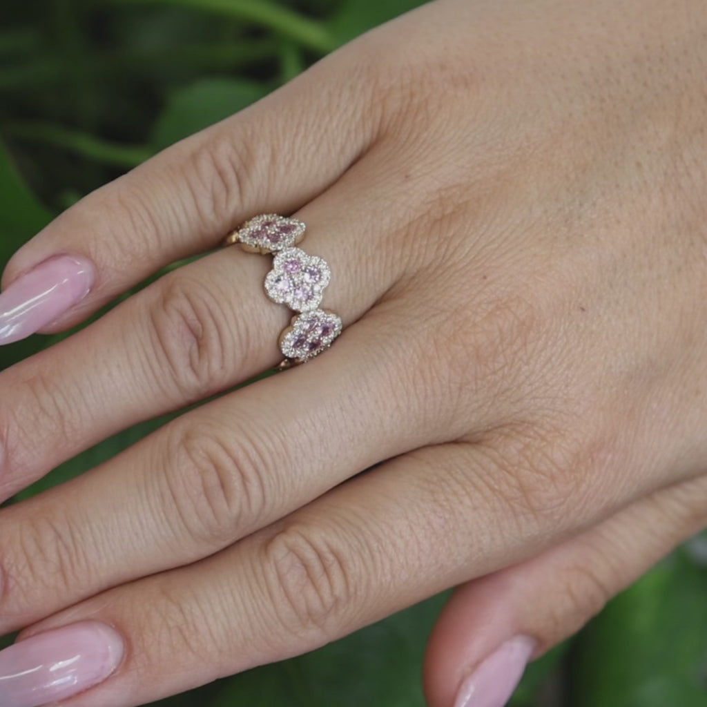 14K Yellow Gold 3.34ctw Pink Sapphire Diamond Floral Full Eternity Band Ring Sz5