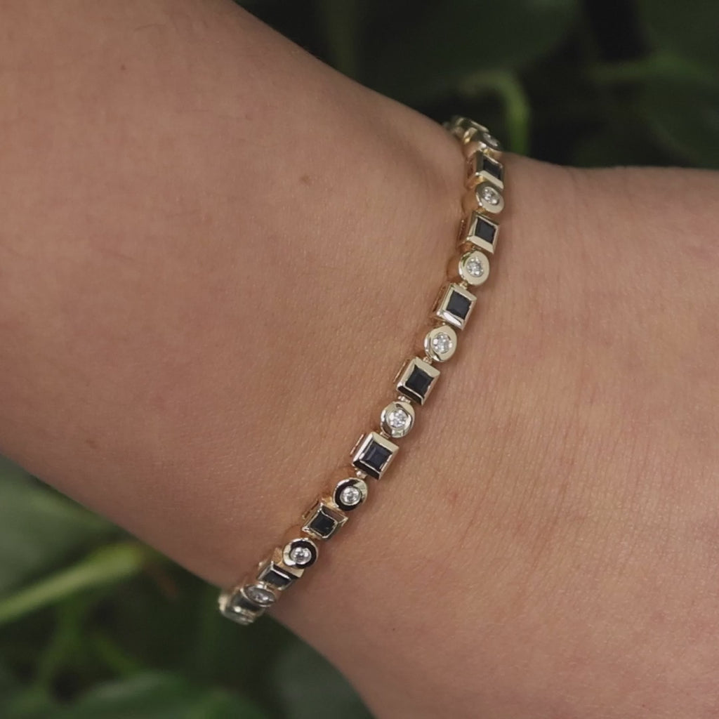 Blue Sapphire Diamond Station Bracelet 14K Yellow Gold 5.60 CTW 7.5" Estate
