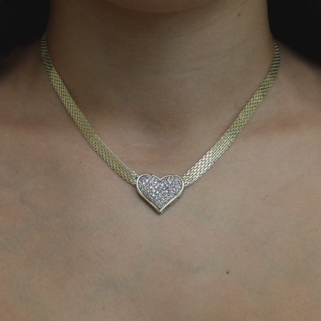 2.00 TW Cluster Diamond Heart Pendant Bismark Mesh Chain Necklace 14K Gold 16.5"