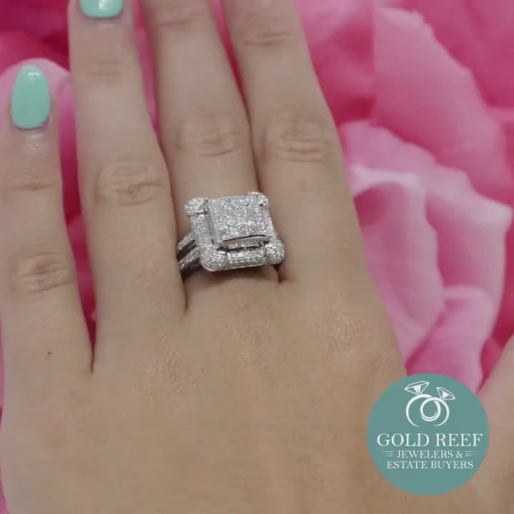 1.40 TW Princess Cut Cluster Diamond Ring White Gold Round Accents Size 5.75