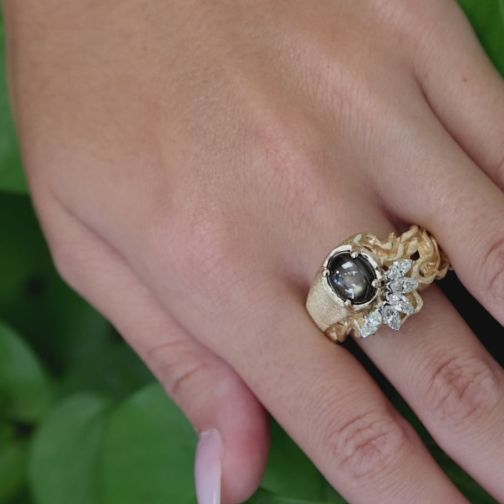 Natural Black Star Sapphire Marquise Diamond Ring Yellow Gold Unisex Size 12