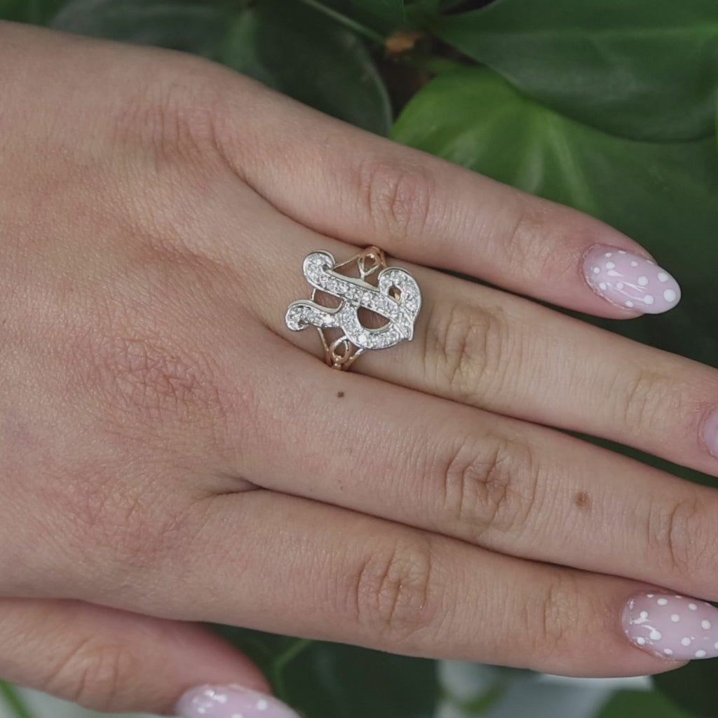 Fancy Letter R Diamond Statement Ring 14K Two-Tone Gold 0.35 TW Size 7.25 Estate
