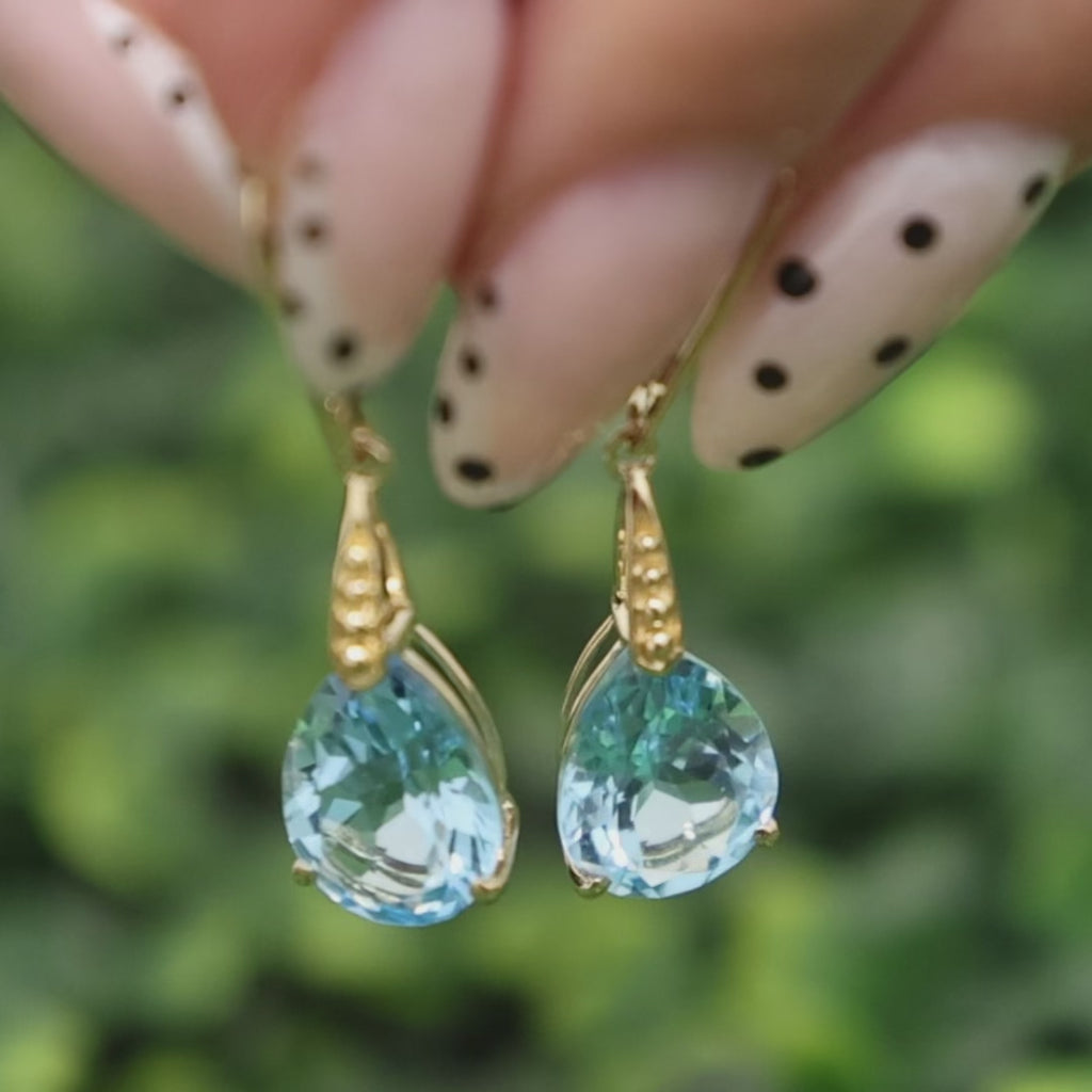 Pear Blue Topaz Drop Dangle Earrings 14K Yellow Gold 7.50 CTW Lever Backs 1.30”