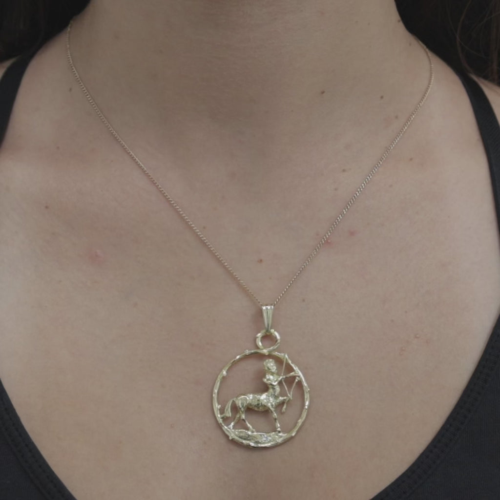 Sagittarius Pendant 18K Yellow Gold Diamond Accent Zodiac Charm 2.55"