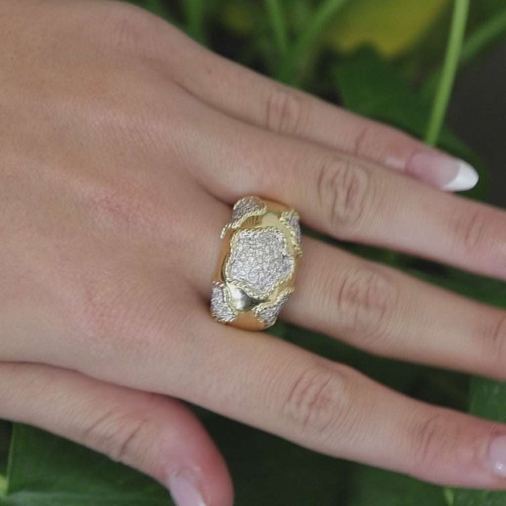 18K Yellow Gold Diamond Cluster Ring 1.75 CTW Wide Heavy Statement Band Size 6.5