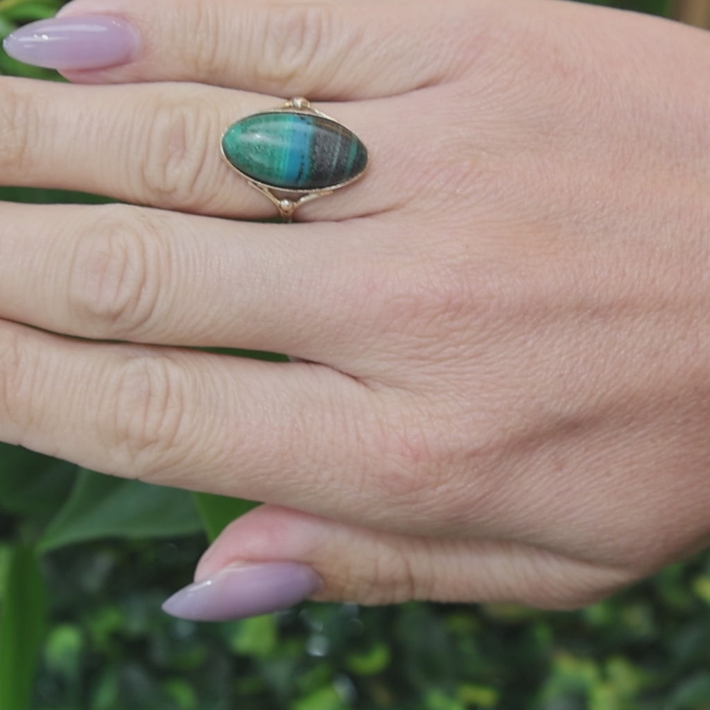 Azurmalachite Oval Cabochon Statement Ring 14K Yellow Gold Size 4.25