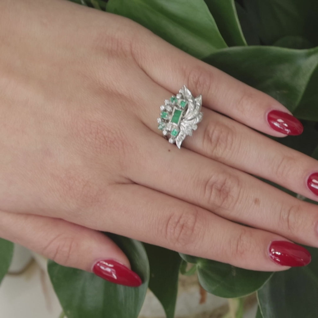 Emerald Diamond Floral Cocktail Ring White Gold 1.10 CTW Size 5.5 Vintage Estate
