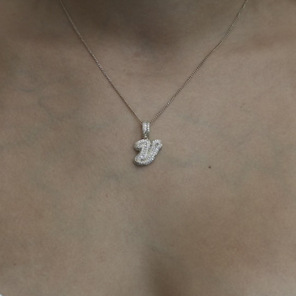 Fancy Letter V Cubic Zirconia Pendant 14K Yellow Gold 1" Unisex Estate