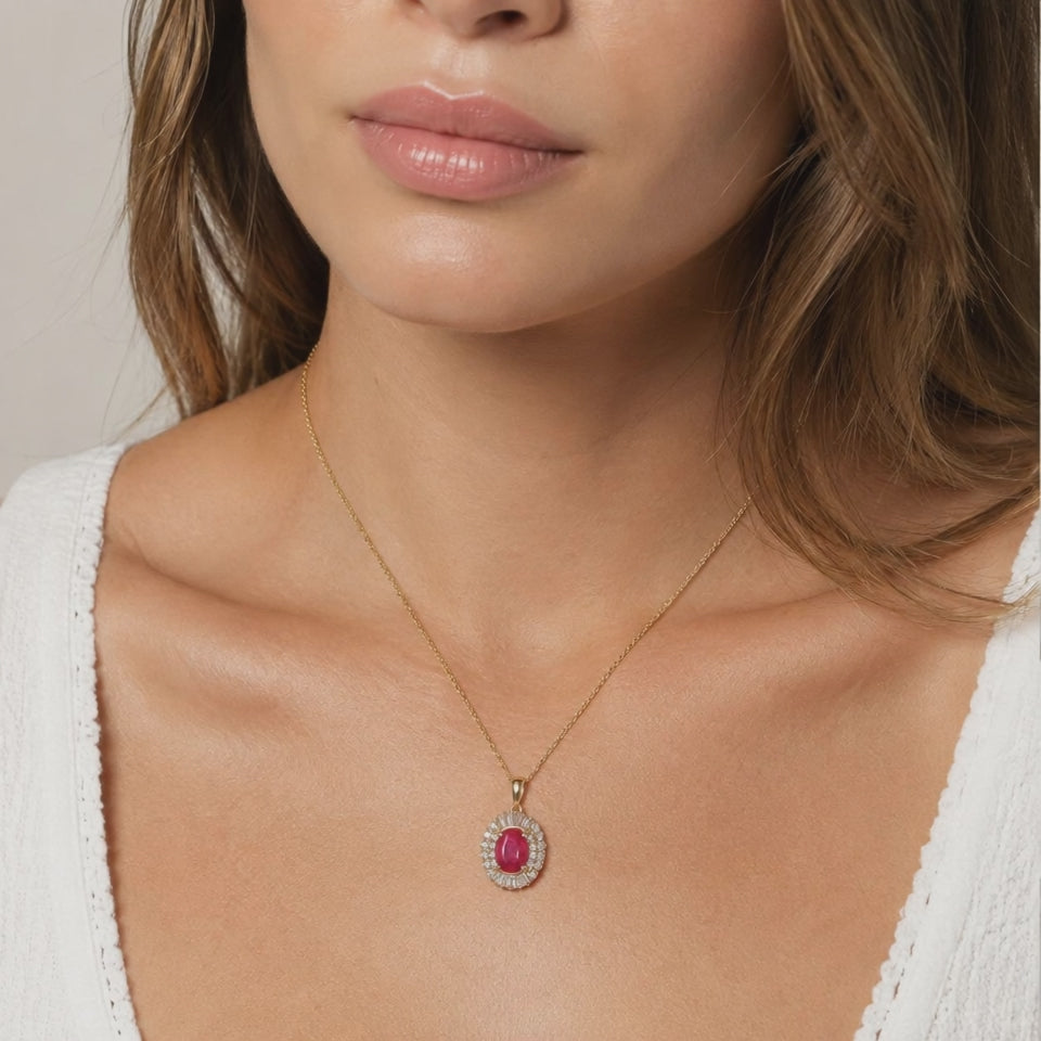 EFFY 14K Yellow Gold Natural 2.10 TW Ruby Halo Diamond Pendant Necklace 18.25"