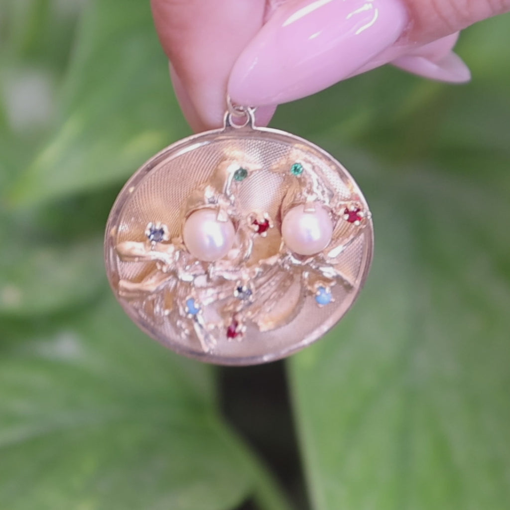 Vintage Gold Lovebirds Akoya Pearl Multi Gemstone Round Pendant
