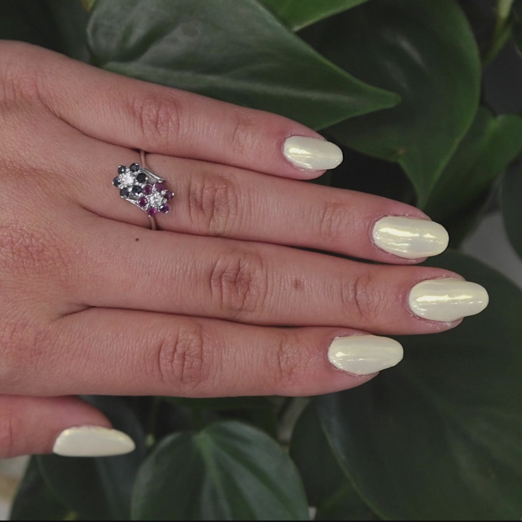 Sapphire Ruby Diamond Flower Ring 14K White Gold 1.40 CTW Size 6.75 Ladies