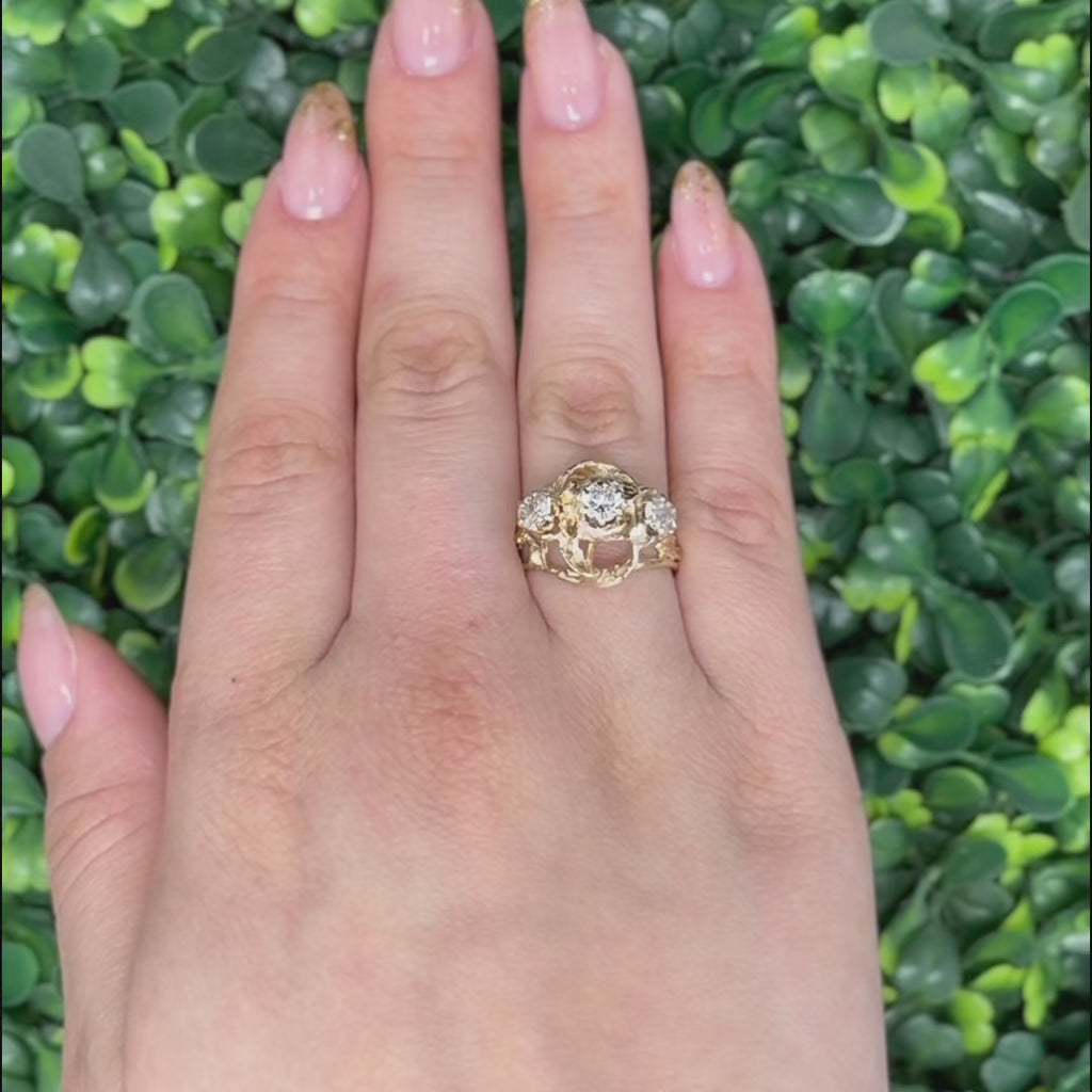 Brutalist Diamond Ring 14K Yellow Gold 3-Stone 0.70 TW Size 7.5 Ladies Estate