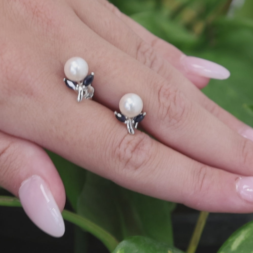 Natural Akoya Pearl Blue Sapphire Stud Earrings 14K White Gold Marquise 0.32CTW