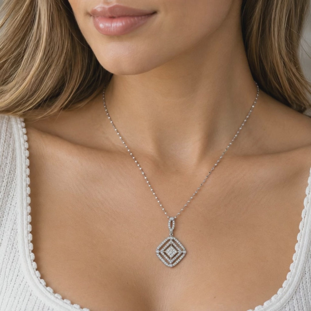 Natural Diamond Square Halo Pendant Necklace 14K White Gold 1.50 CTW 18.75"