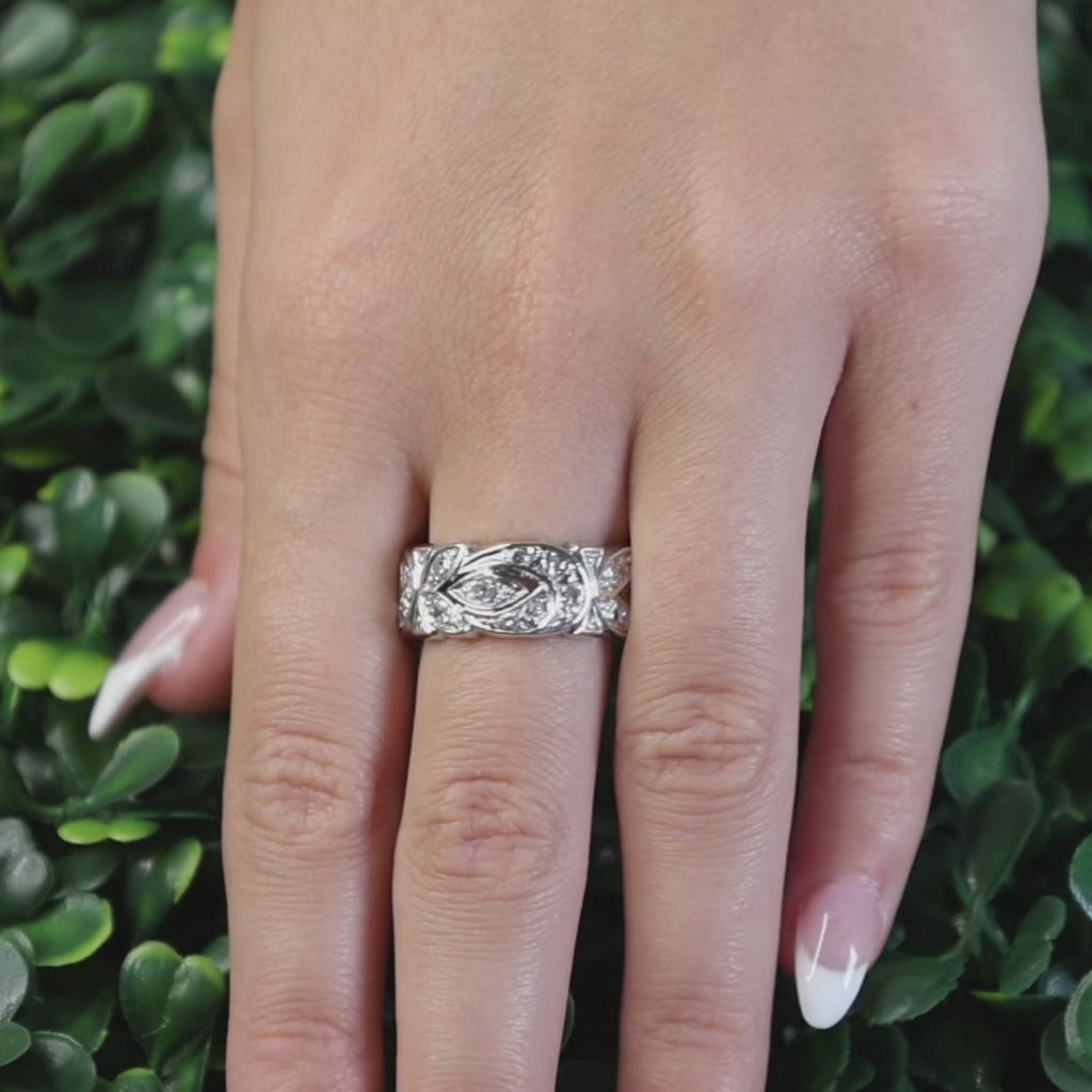 1.00 TW Diamond Filigree Wide Band Ring Platinum Size 7.5 Ladies Estate