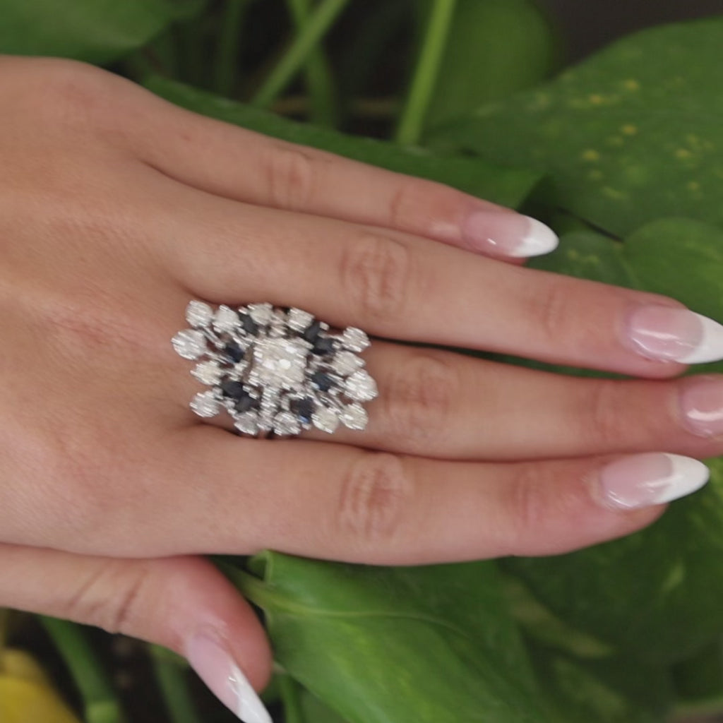 Vintage White Gold Old European Cut Diamond Sapphire Cluster Ring 3.39CTW