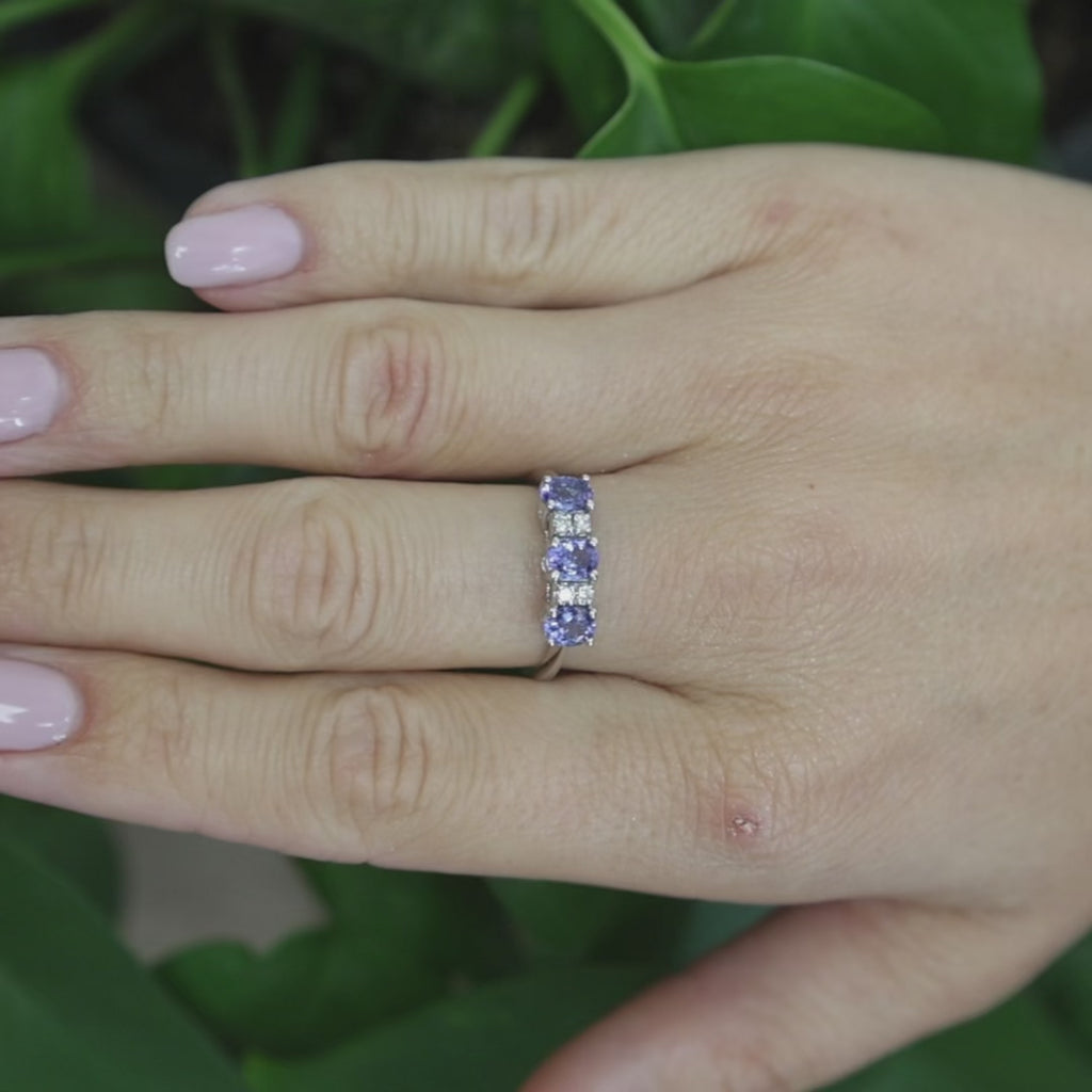 3 Stone Tanzanite Diamond Ring 14K White Gold 0.83 CTW Size 7 Estate