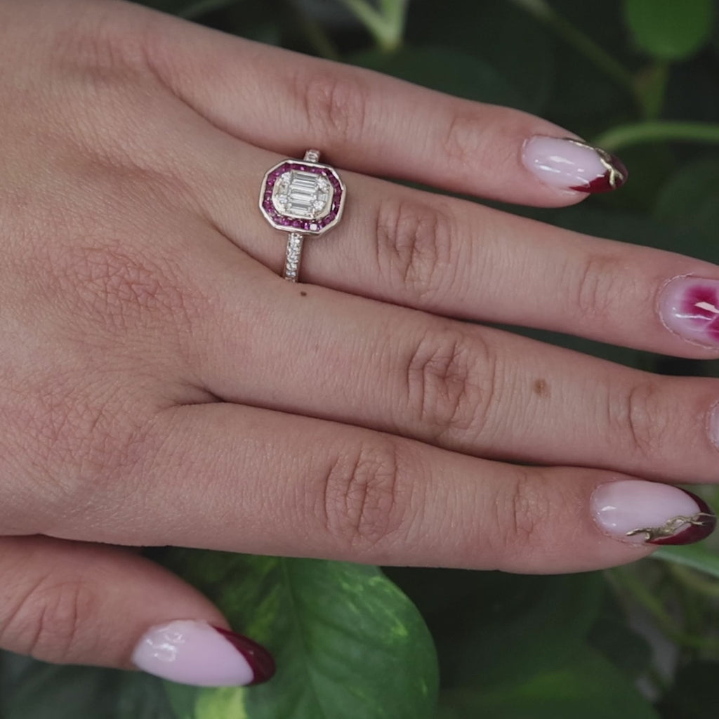 14K Rose Gold Diamond Ruby Halo Cocktail Ring 0.80 CTW Lab Grown Gems Size 7